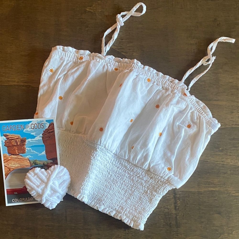 Bubble Smocked Crop Top with Orange Floral Embroidery